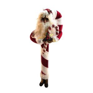 14" Santa Claus Candy Cane Christmas Ornament With Glitter & Bell Realistic Face